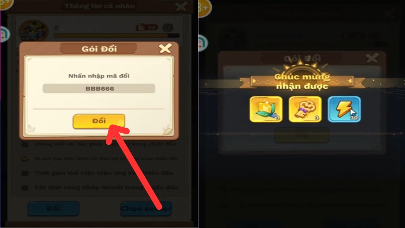Nhập mã code Chiến Tuyến Hướng Dương và bấm Đổi