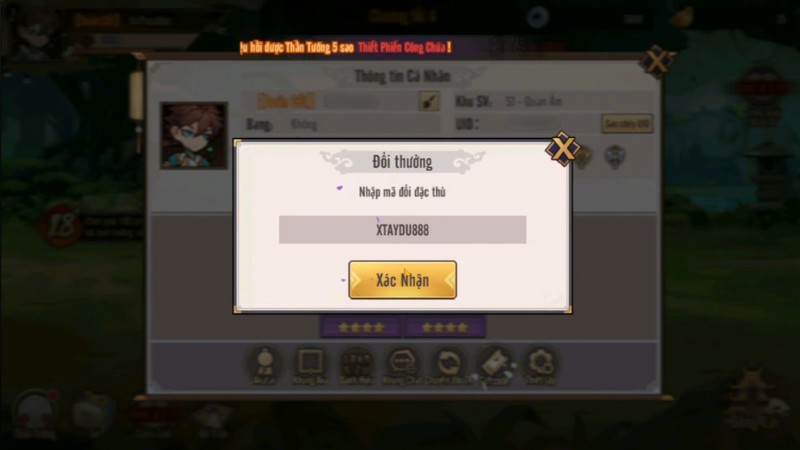 Nhập mã Code X Tây Du và nhấn nút Xác nhận
