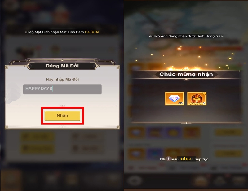 Nhập code Anh Hùng Pixel vào ô và chọn “Nhận”