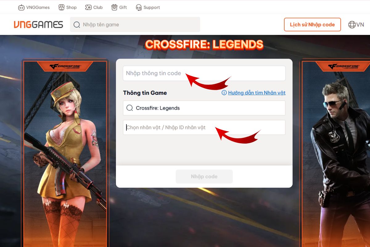 Chọn nhân vật và nhập mã code Crossfire: Legends