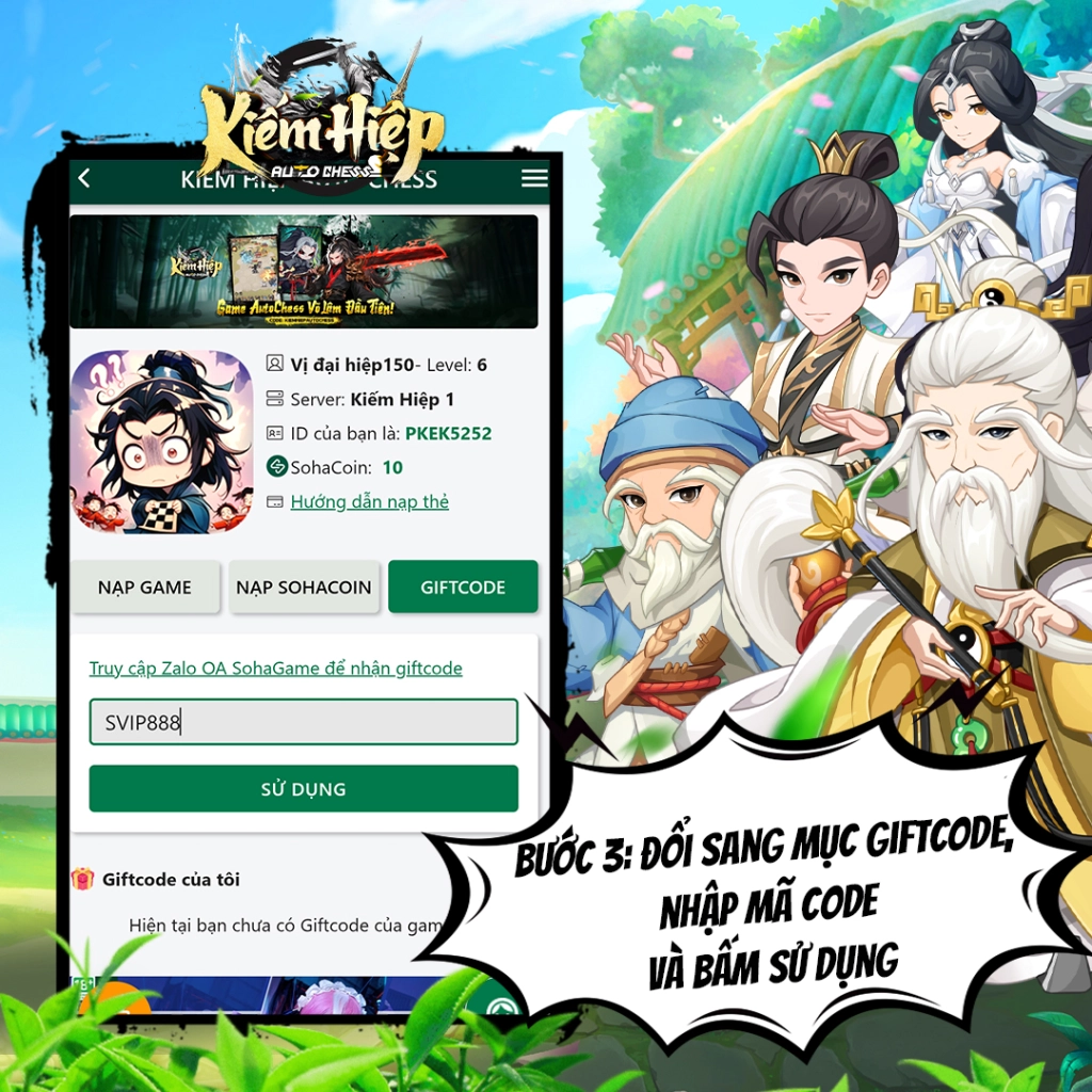 Nhập code Kiếm Hiệp Auto Chess và nhấn sử dụng