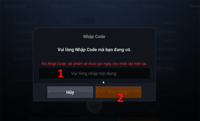 Nhập chính xác mã code Lineage2M VNG và nhấn Xác nhận