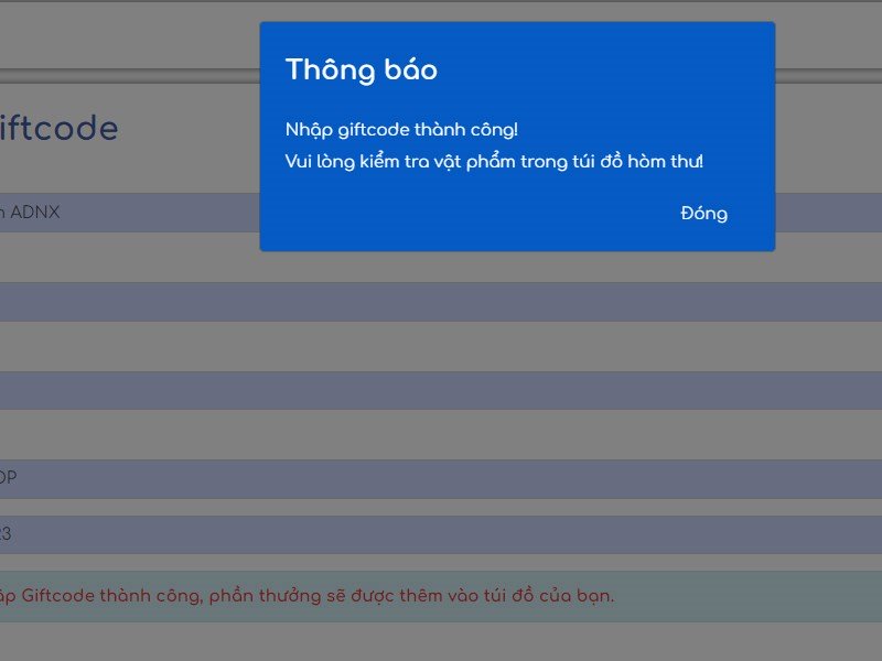 Phần thưởng sẽ tự động gửi vào tài khoản của bạn trong game