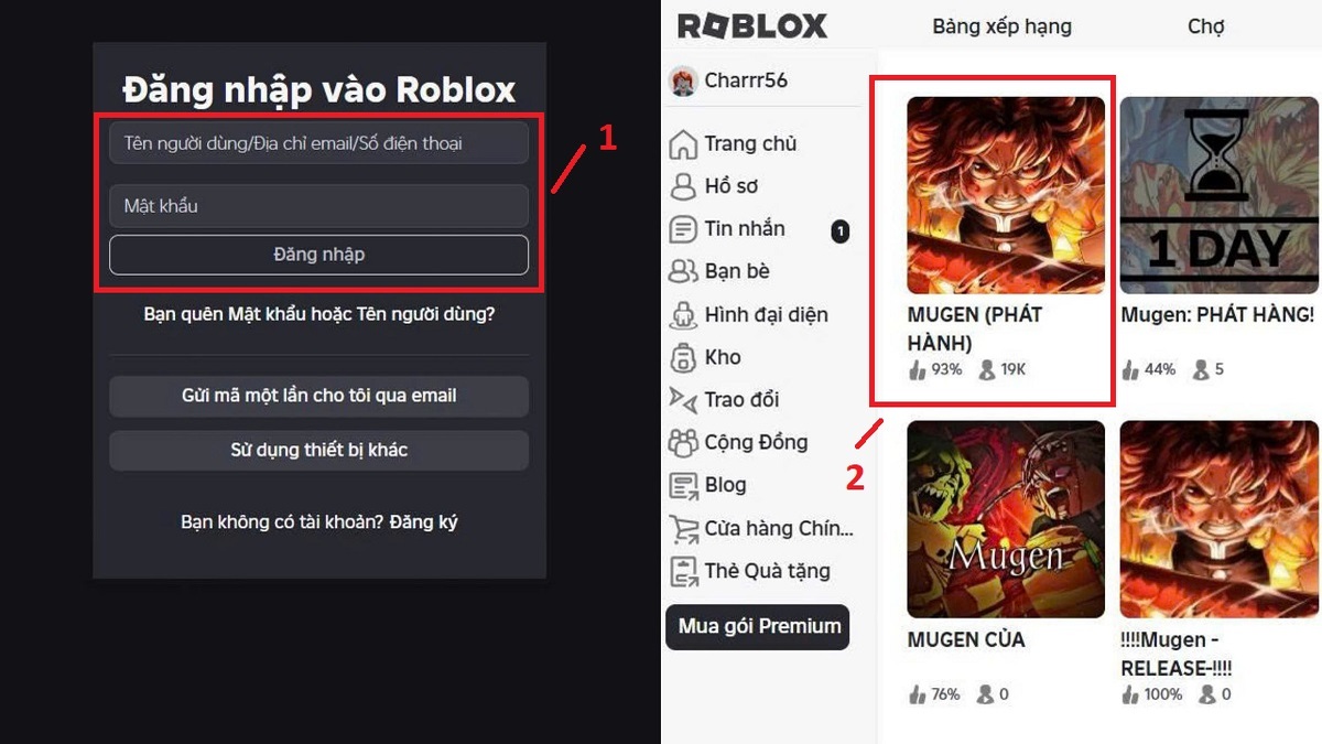 Đăng nhập vào Roblox và chọn tựa game Mugen