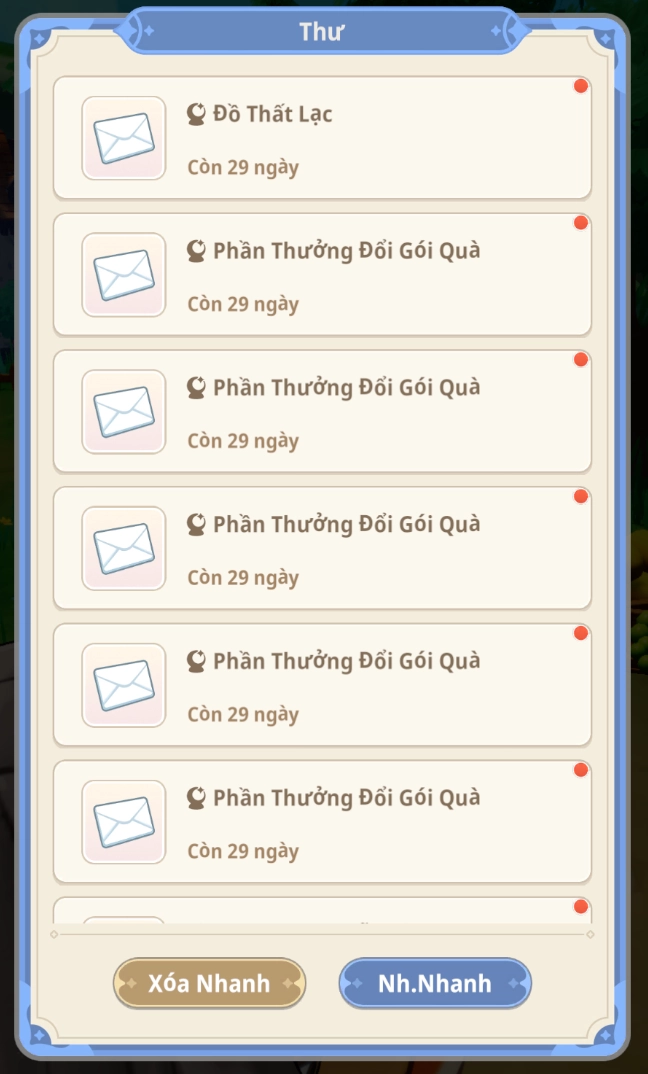 Nhấn “Nhận Nhanh” để nhận toàn bộ phần thưởng trong thư
