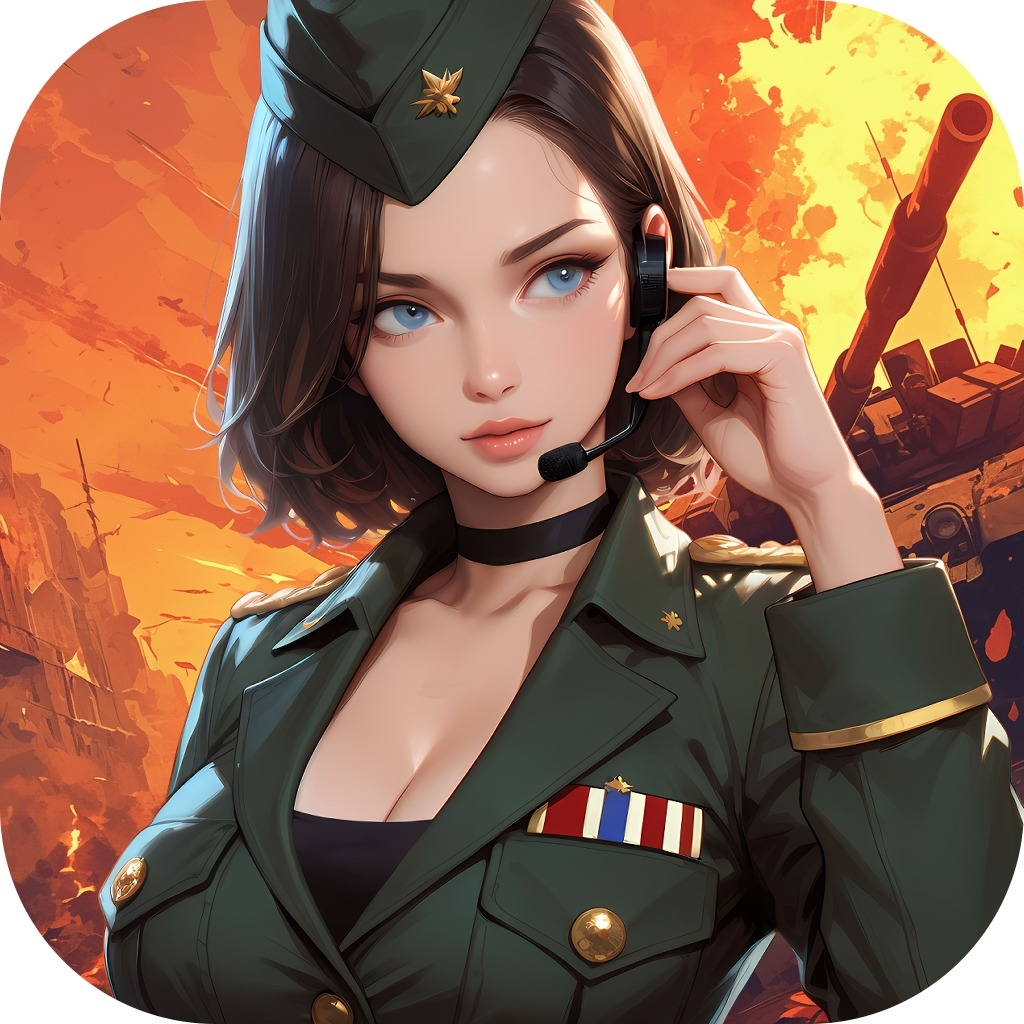 Biểu tượng ứng dụng game quân sự hiển thị nhân vật nữ sĩ quan đeo tai nghe, với bối cảnh chiến tranh