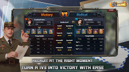 Kết quả trận chiến trong game quân sự Steel Warzone với bảng so sánh chiến lực Victory vs Defeat và nhân vật sĩ quan nam
