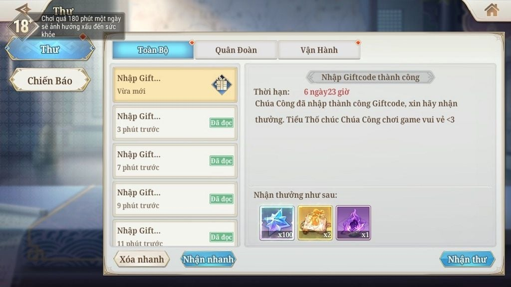 Bước 4: Mở game Tam Quốc Huyễn Tướng VNG và vào mục Hộp thư (Mail/Ingame Mail). Nhấn Nhận để sở hữu các vật phẩm giá trị từ mã code.
