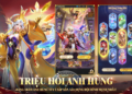 Giao diện game với nhân vật nữ thần và màn hình triệu hồi anh hùng, hiển thị nhiều thẻ nhân vật đa dạng và rực rỡ