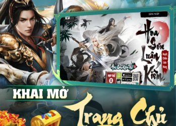 Poster quảng cáo game Hoa Sơn Kiếm Thế, với hình ảnh một nhân vật nam kiếm hiệp