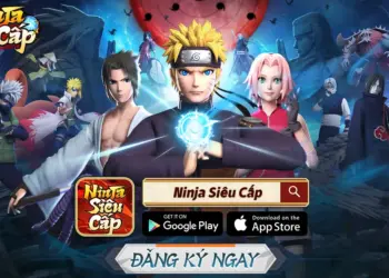 Hình ảnh game Ninja Siêu Cấp với Naruto, Sasuke, và Sakura cùng các nhân vật khác