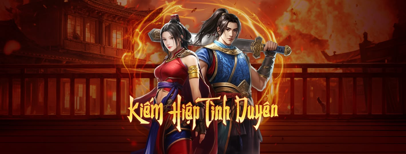 Ảnh quảng cáo game Kiếm Hiệp Tình Duyên cùng cặp đôi nhân vật game kiếm hiệp