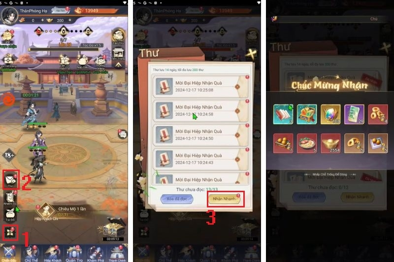 Bước 6: Mở game Đại Hiệp Tap Tap trên điện thoại, truy cập vào mục Thư, nhấn Nhận nhanh để lấy các phần quà tương ứng.