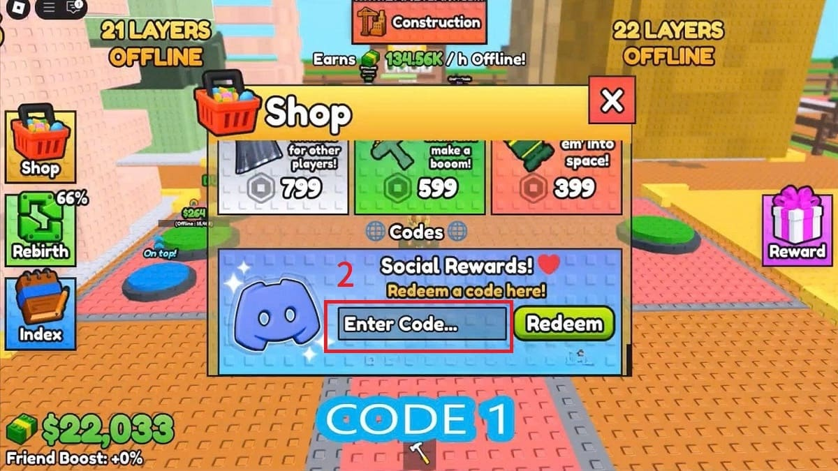 Bước 2: Trong giao diện Shop, bạn sẽ thấy ô nhập mã có tên Enter Code. Nhập chính xác mã code Build a Tower vào ô trống