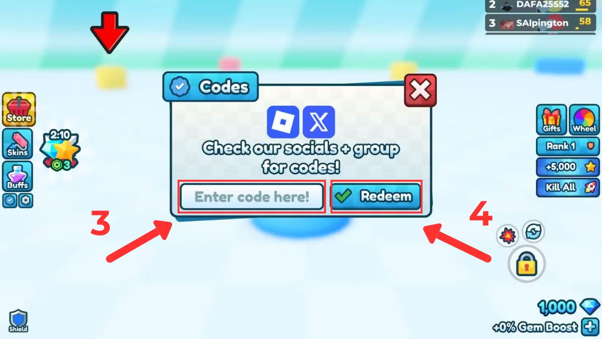 Bước 3: Người chơi nhập chính xác mã code Tank Game Roblox vào ô Enter code here!, sau đó nhấn nút Redeem để xác nhận
