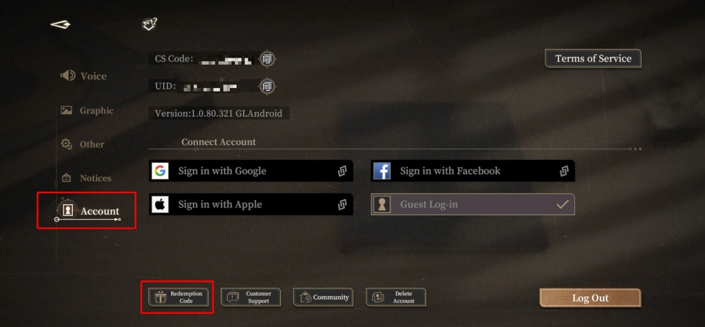 Bước 3 vào mục “Account” và chọn “Redemption code”