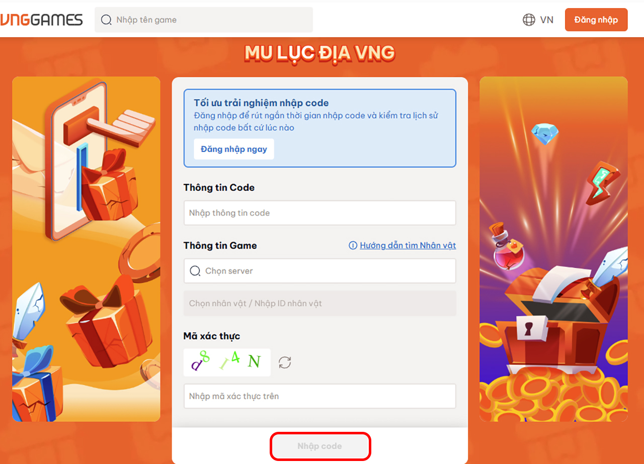 Bước 2 nhập mã code và chọn server. Sau đó nhấn chọn “Nhập code”.