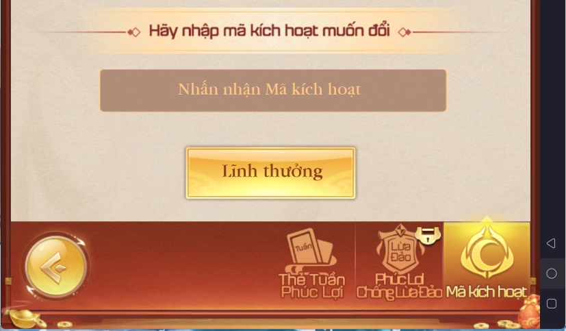 Bước 3 nhập mã code vào ô “Nhấn nhận mã kích hoạt” và chọn “Lĩnh thưởng”