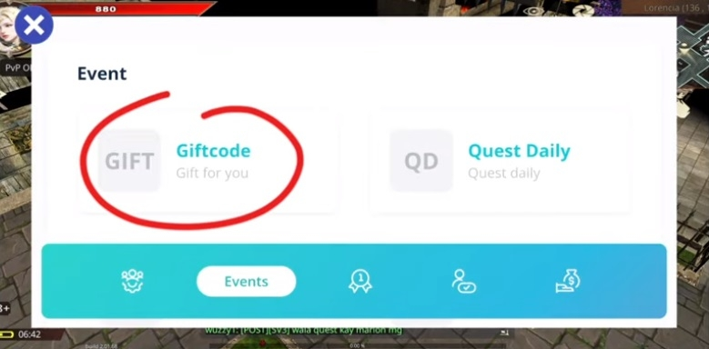 Bước 2: Trong giao diện User Panel, người chơi tiếp tục chọn mục Sự Kiện để xem các tính năng liên quan. Sau đó, hãy tìm và nhấn vào mục Giftcode để chuyển sang giao diện nhập mã