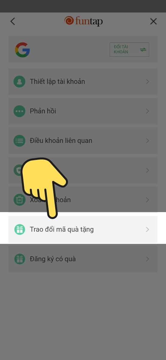 Bước 2 chọn mục “Trao đổi mã quà tặng”