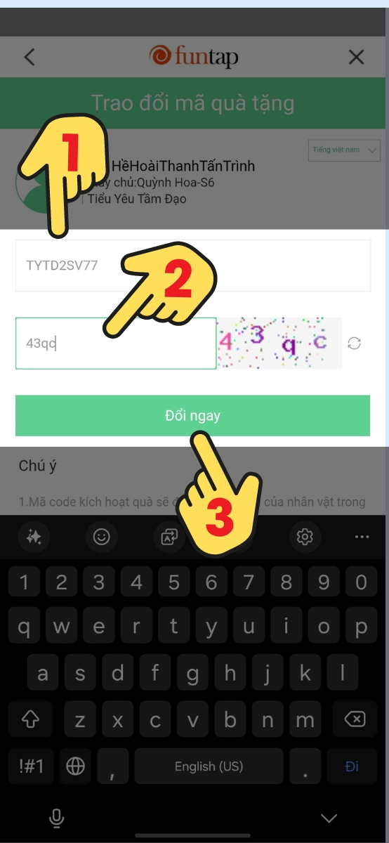 Bước 4 nhập mã code ở phần trên và nhấn chọn “Đổi ngay”