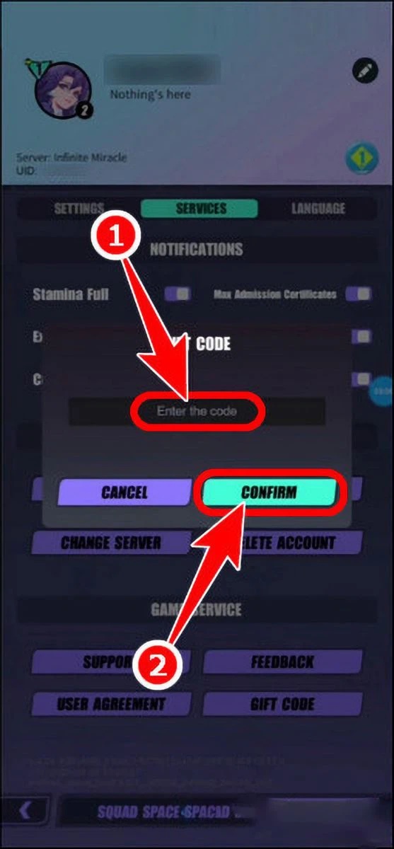 Bước 3 nhập chính xác mã code và nhấn “Confirm” để nhận quà ngay lập tức.