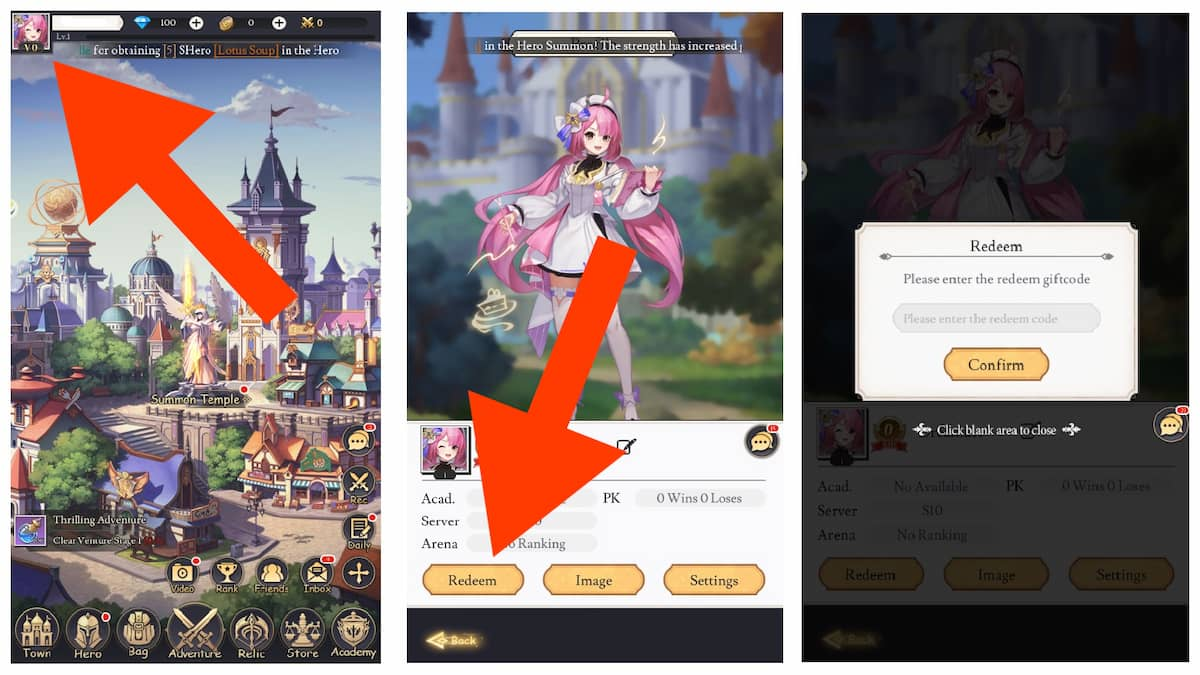Vào avatar rồi chọn “Redeem; sau đó nhập code vào ô và chọn “Confirm”