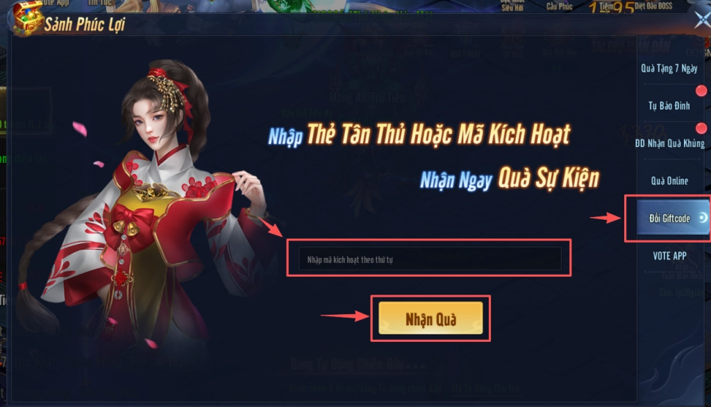 Bước 3 nhập mã và nhấn “Nhận Quà”