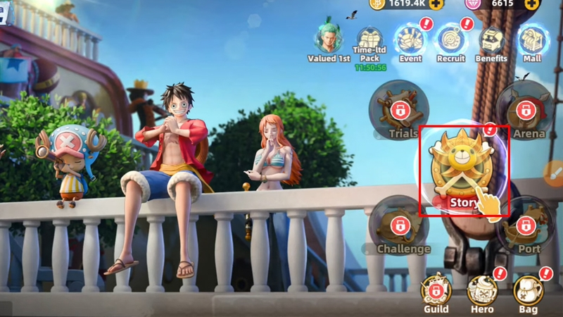 Bước 1 tại giao diện chơi game, bạn tìm và chạm vào biểu tượng “Story” nằm ở phía bên phải màn hình chính