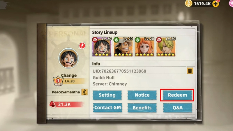 Bước 2 trong menu “Story”, chọn mục “Redeem” để truy cập khu vực nhập giftcode