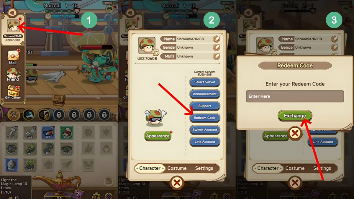 Game thủ chọn avatar rồi sau đó chọn tab “Redeem code” và nhập code vào ô để chọn “Exchange”