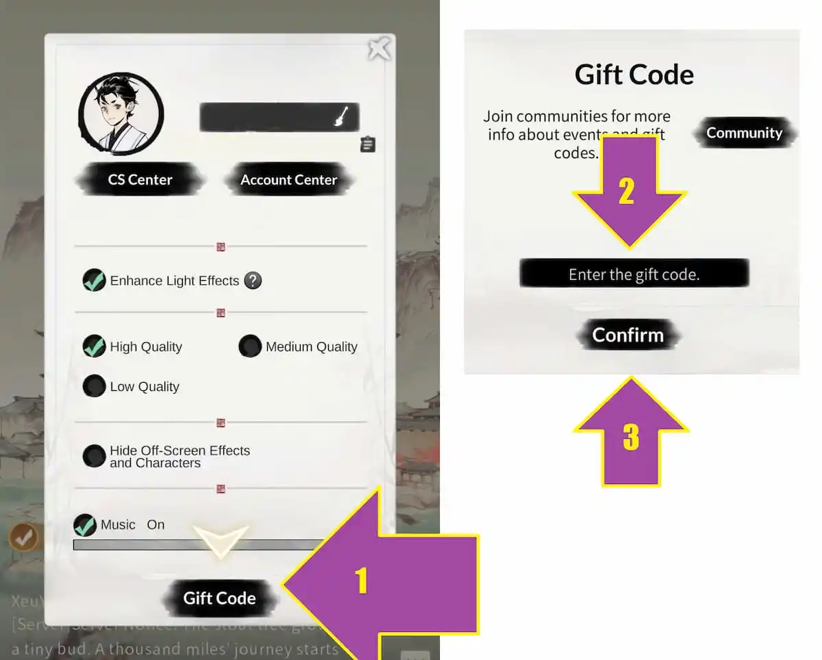 Game thủ vào Avatar, rồi vào mục "Giftcode". Sau đó, nhập code vào ô và nhấn chọn "Confirm"