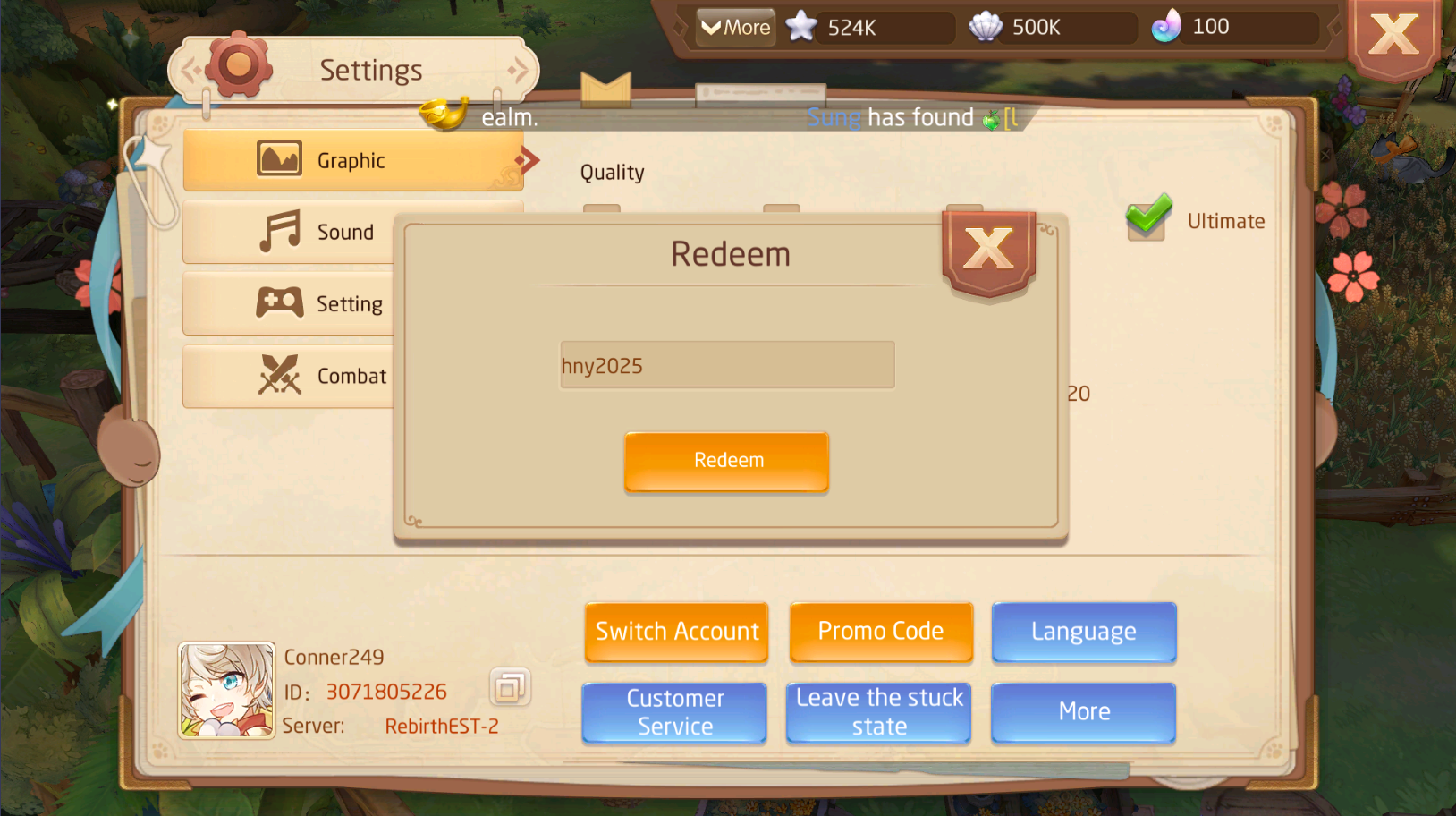 Game thủ nhập code vào ô khi chọn mục “Promo Code” và chọn “Redeem”