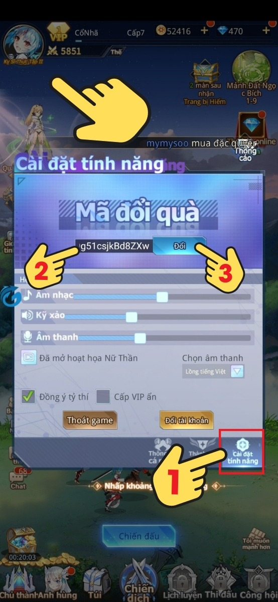Tiếp theo, truy cập “Cài đặt tính năng”, chọn mục “Nhập mã”, rồi bấm “Đổi” để hệ thống gửi quà về tài khoản của bạn