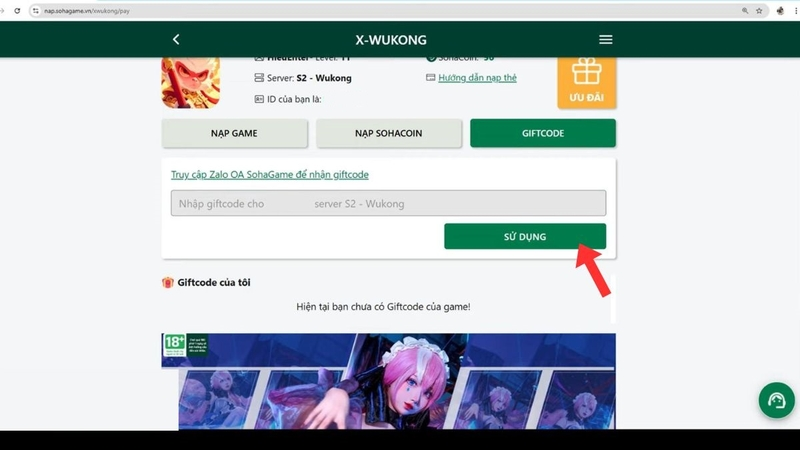 Bước 3 chọn tab “Giftcode”. Sau đó nhập code vào ô và nhấn chọn “Sử dụng”