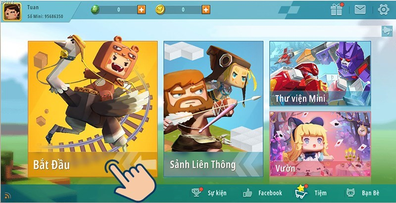 Mở game Mini World và chọn vào mục Bắt đầu