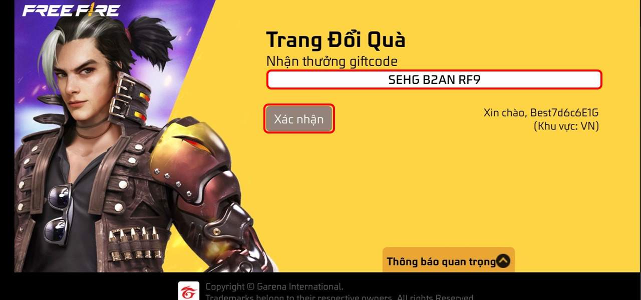 Nhập chính xác mã code Free Fire rồi nhấn Xác nhận