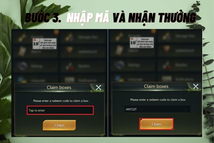 Nhập mã code Ant Legion vào ô trống và bấm Claim
