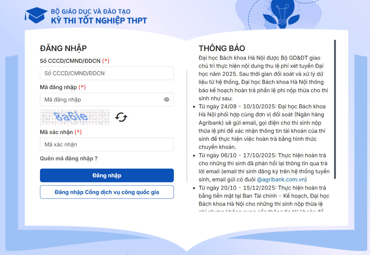 Thí sinh đăng nhập bằng Cổng dịch vụ công quốc gia