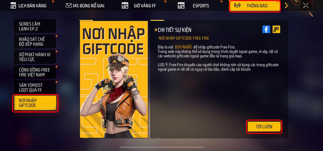 Tìm đến phần Nơi nhập GiftCode, sau đó nhấn chọn Tới luôn