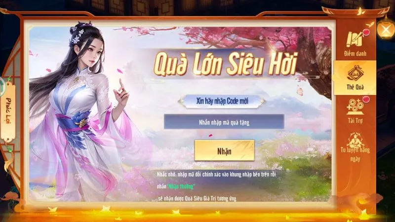 Chọn mục Thẻ Quà nhập code Tiên Lữ Kỳ Duyên và nhấn Nhận