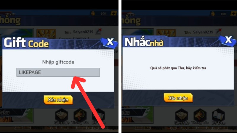 Nhập code vào ô và nhấn chọn “Xác nhận”. Sau khi nhập thành công, thì quà tặng sẽ tự động phát qua “Thư” và chọn “Xác nhận”