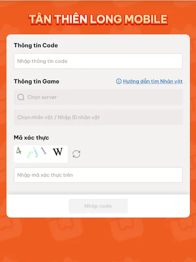 Bước 3 điền và xác nhận Giftcode, thông tin game, mã xác thực. Sau khi hoàn tất toàn bộ thông tin, nhấn “Nhập Code” để xác nhận và nhận quà trong game