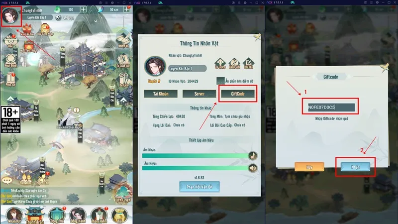 Vào game chọn Avatar, sau đó chọn mục "Giftcode" rồi nhập code và nhấn chọn "Nhận".