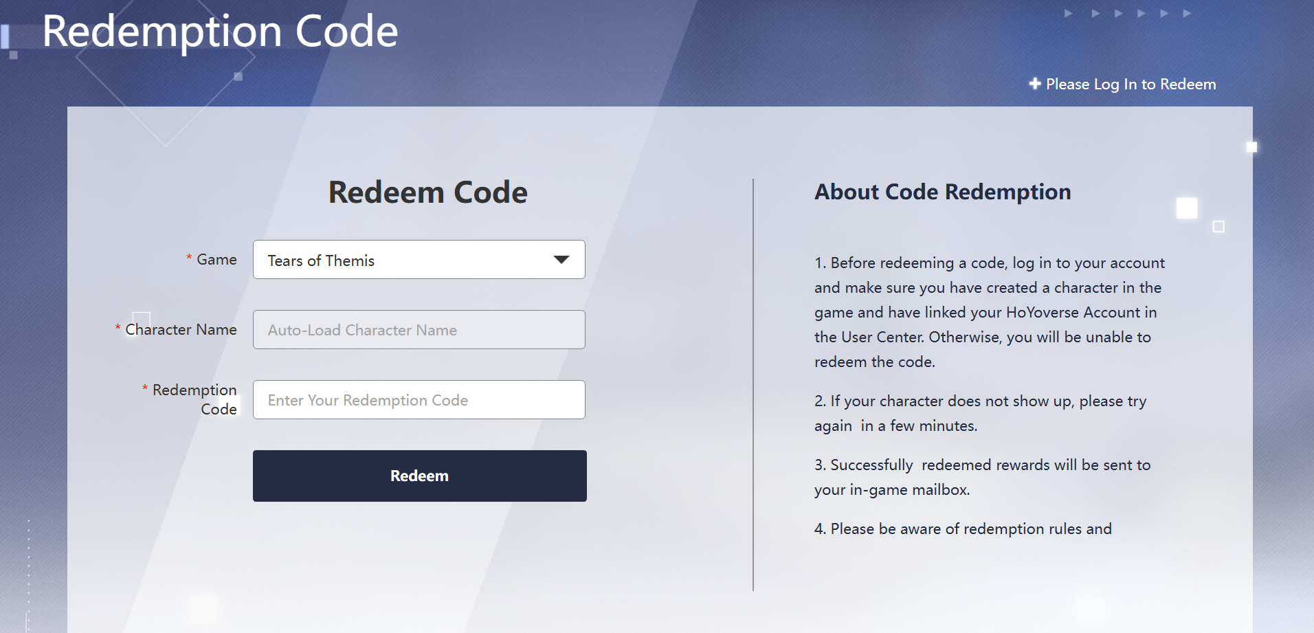 Chọn đúng server và game Tears of Themis, nhập mã code và nhấn Redeem