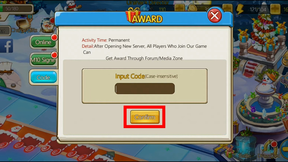 Chọn mục Code, sau đó nhập chính xác mã code Manga Clash còn hiệu lực vào ô trống và nhấn Confirm