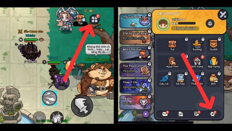 Đăng nhập vào tài khoản game nhấn vào mục Menu, sau đó chọn Cài Đặt (Bánh răng)
