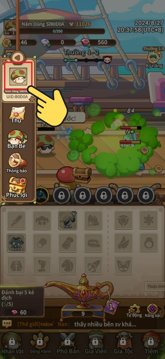 Mở game Nấm Lùn Tiến Lên và nhấn vào ảnh đại diện nhân vật