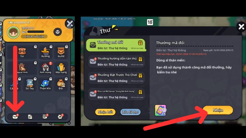 Mở Thư trong game, các vật phẩm sẽ được gửi trực tiếp vào kho đồ