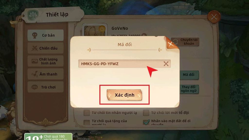 Nhập giftcode Tree of Savior: Neverland hợp lệ vào ô trống rồi nhấn Xác định
